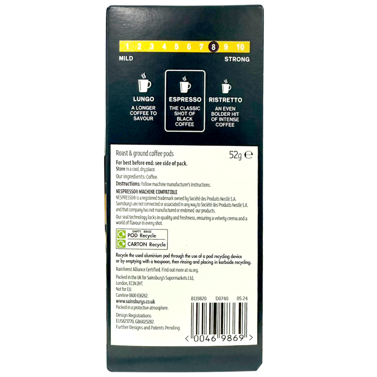 Sainsbury's Taste The Difference espresso coffee pods, 10-pack, showcasing individual dark roasted coffee pods for brewing espresso drinks.