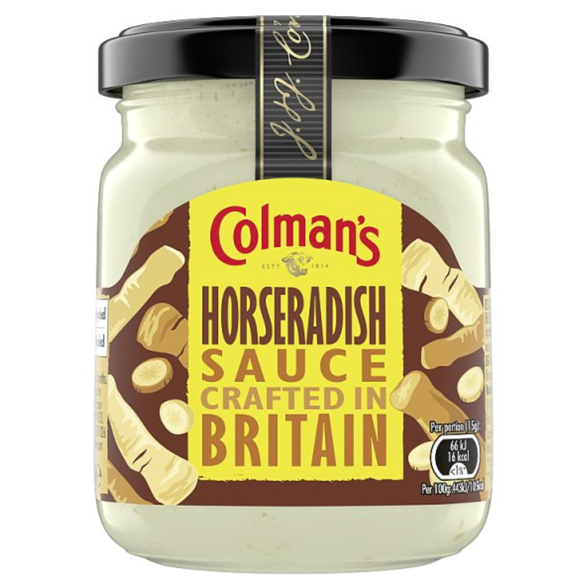 Jar of Colman's Horseradish Sauce with a white label and red cap, shown on a grocery shelf.
