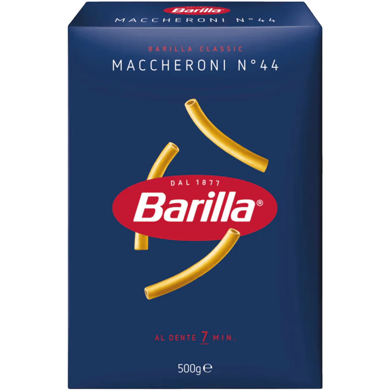 Barilla Maccheroni pasta in a clear grocery package, showcasing the long, thin pasta noodles.