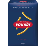 Barilla Maccheroni pasta in a clear grocery package, showcasing the long, thin pasta noodles.