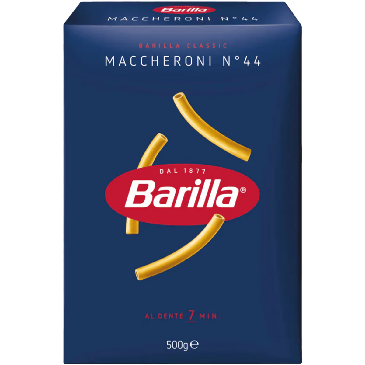 Barilla Maccheroni pasta in a clear grocery package, showcasing the long, thin pasta noodles.