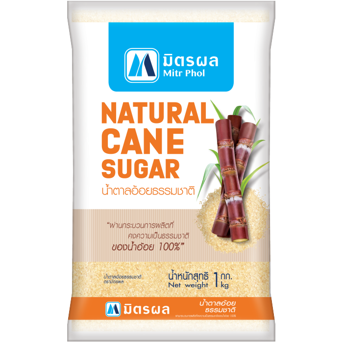 Mitr Phol Natural Cane Sugar in a clear bag, showing golden brown granulated sugar for baking and sweetening.