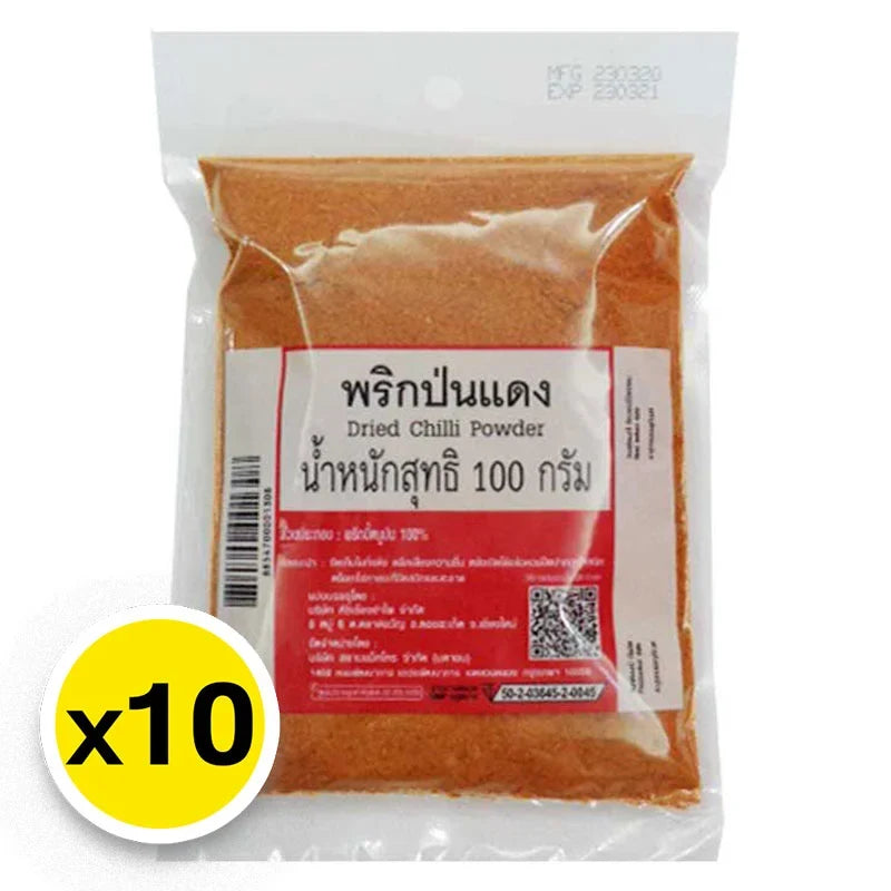 Makro dried chili powder in 100g packs, shown in a clear container with vibrant red chili flakes, perfect for cooking and spice.