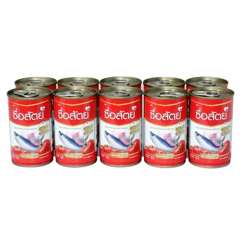 Canned Suesat Honest Sardines in Tomato Sauce, 10 cans, dry grocery, featuring shiny sardine cans with red tomato sauce labels