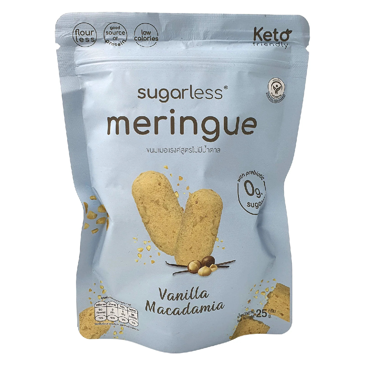 Sugarless vanilla macadamia meringue snack in a clear package, showcasing light, airy crispy meringue pieces with macadamia nuts.