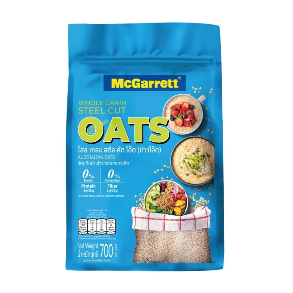 Mcgarrett Whole Grain Steel Cut Oats in 700g package, natural dry grocery product with whole grains and hearty texture.