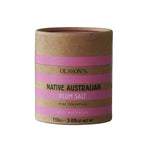 OLSSON'S Native Plum Salt 110g jar, dry grocery product with salt infused with native plum flavor, close-up view of the jar.