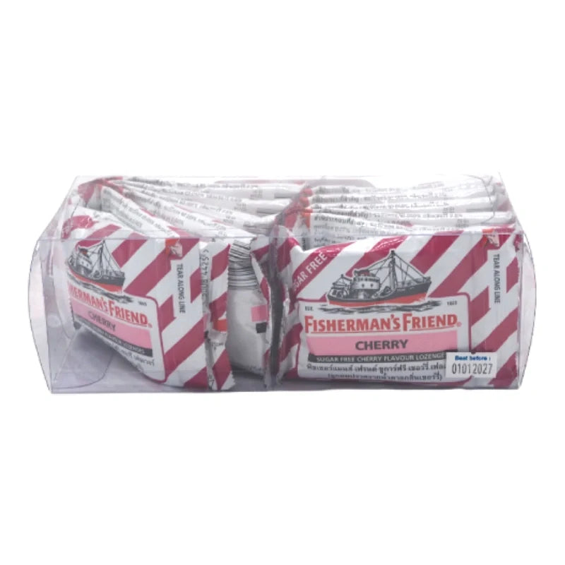 Fisherman's Friend Sugar-Free Cherry Lozenges in a box, sugar-free cherry-flavored cough drops for soothing relief.