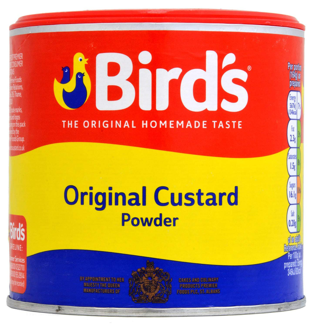 Bird's Eyes Custard Powder in a yellow box, ideal for making homemade custard desserts and puddings.