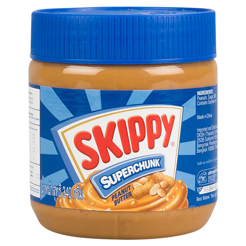 Creamy Skippy Super Chunk Peanut Butter jar with visible chunky peanut pieces, labeled for grocery shopping.
