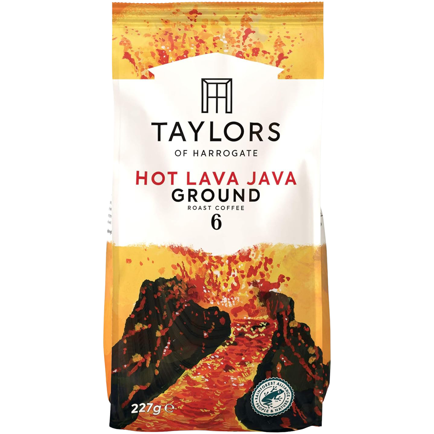Taylors Hot Lava Java roasted coffee drink in a clear glass cup with dark coffee and a frothy top, ready to enjoy.