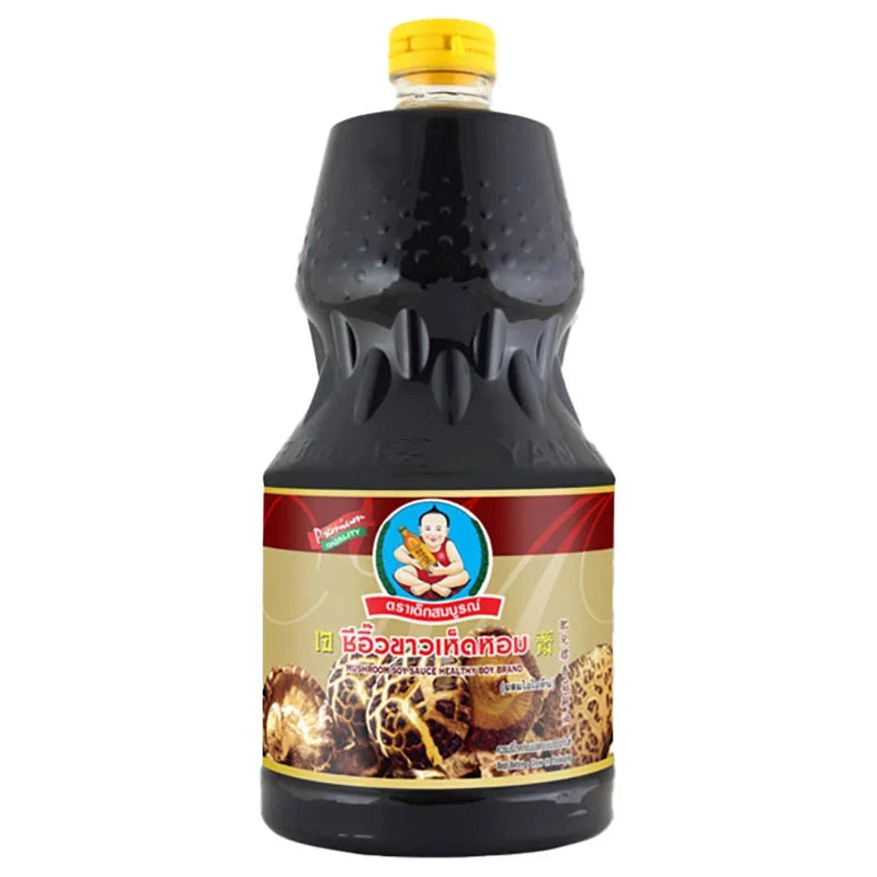 DEK SOM Boon Mushroom Soy Sauce 2L bottle, traditional dry grocery item with dark soy and mushroom flavor, on a plain background.
