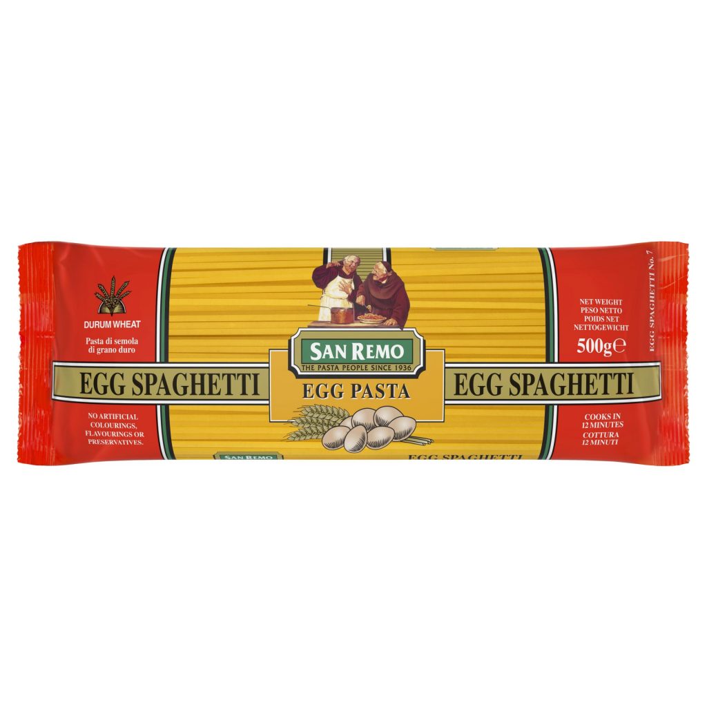 San Remo Egg Pasta in a package, showcasing the fresh, golden pasta with a textured surface, ideal for Italian recipes.