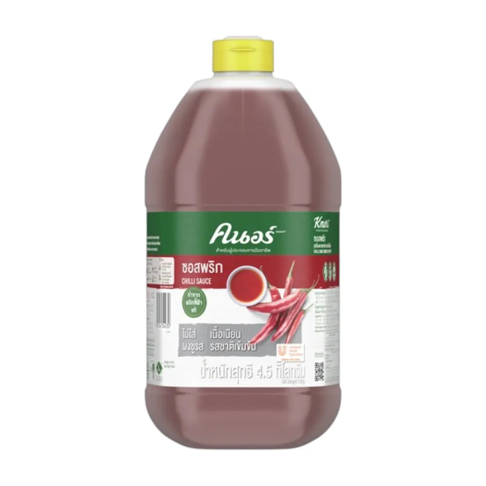 Knorr Chilli Sauce 4.5kg jar, spicy dry grocery condiment with vibrant red chili peppers and sauce visible in the image.