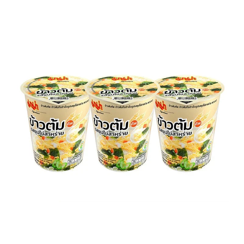 Mama Rice Porridge Cup with seaweed and egg flavor, dry grocery product showing the packaged soup cup with seaweed and egg ingredients.