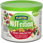 Planters Nutrition Healthy Nut Mix in a clear bowl, showcasing a variety of mixed nuts and dried fruits in colorful pieces.