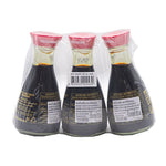 Kikkoman soy sauce bottles, 150ml each, part of a three-pack, shown in a clear image for dry grocery shopping.