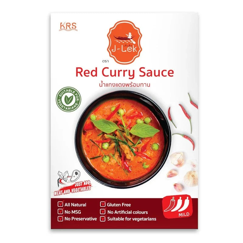 J-Lek Red Curry Paste 250g jar showing vibrant red chili and spice paste inside, ideal for Thai cooking.