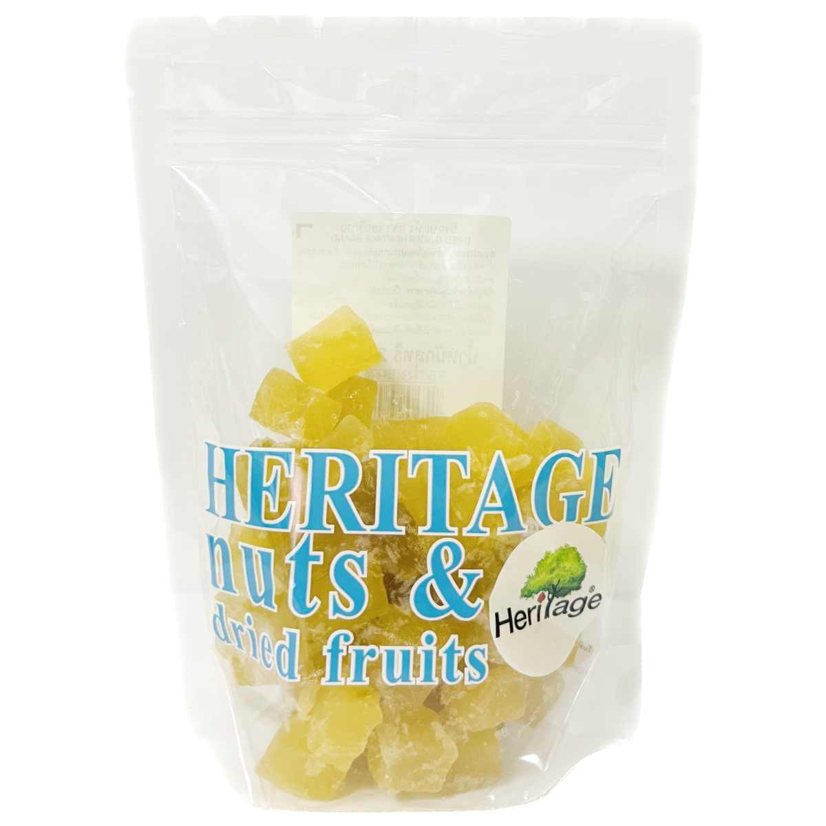 Heritage dried ginger confectionery snack with sliced, golden-brown ginger pieces in a clear container on a white background.