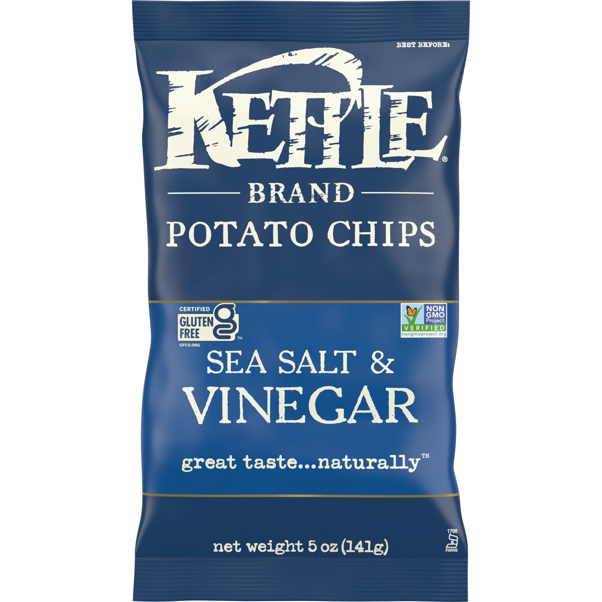 Kettle Sea Salt & Vinegar confectionery snacks in a colorful bag, featuring crispy, savory chips with sea salt and vinegar flavor.