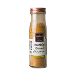 Ground cinnamon from Spice Story, a grocery spice, shown in a clear container with a warm brown color and fine powder texture.