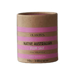 OLSSON'S Native Plum Salt 110g jar, dry grocery product with white salt and dried native plum pieces inside.