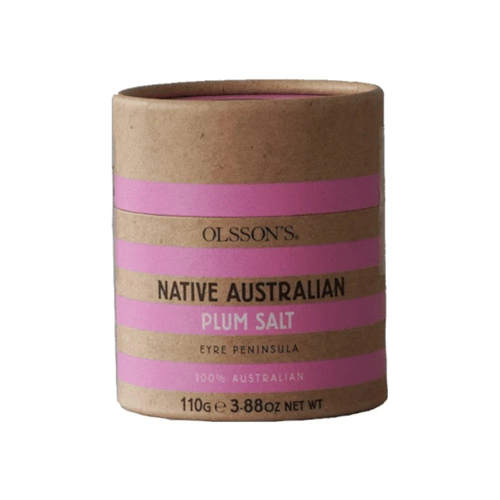 OLSSON'S Native Plum Salt 110g jar, dry grocery product with white salt and dried native plum pieces inside.