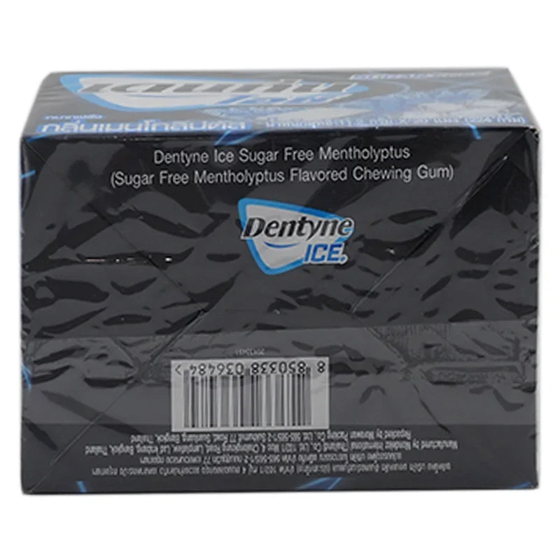 Dentyne Ice gum package with 20 pieces, DENTYNE brand, featuring cooling mint flavor and snack-sized confectionery packaging.