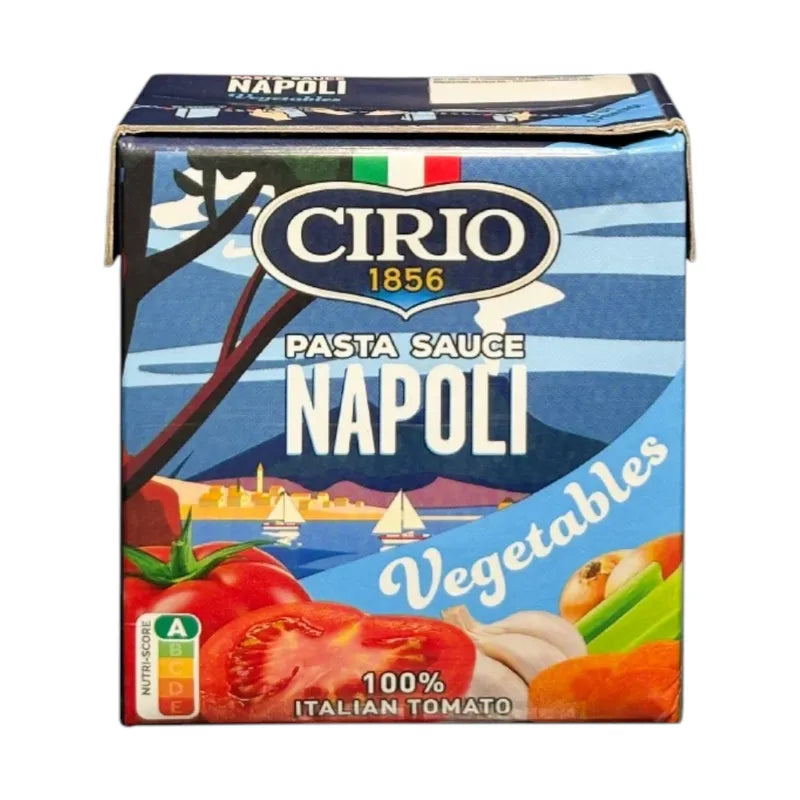 Jar of Cirio Pasta Sauce from the dry grocery section, featuring rich tomato sauce with herbs and seasoning in a glass jar.