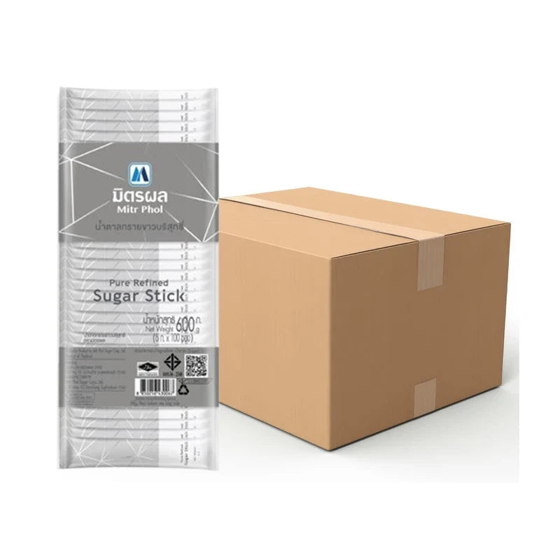 Mitrphol Sugar Stick Pure Refined 6g x20 packets, dry grocery product with individually wrapped sugar sticks in clear packaging