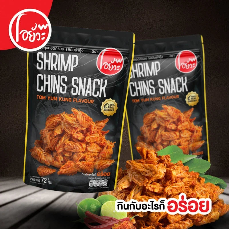 O-YUA Crispy Fried Shrimp snack with Chin Tom Yum Kung flavor, 72g, showing golden shrimp chips in a clear bowl.