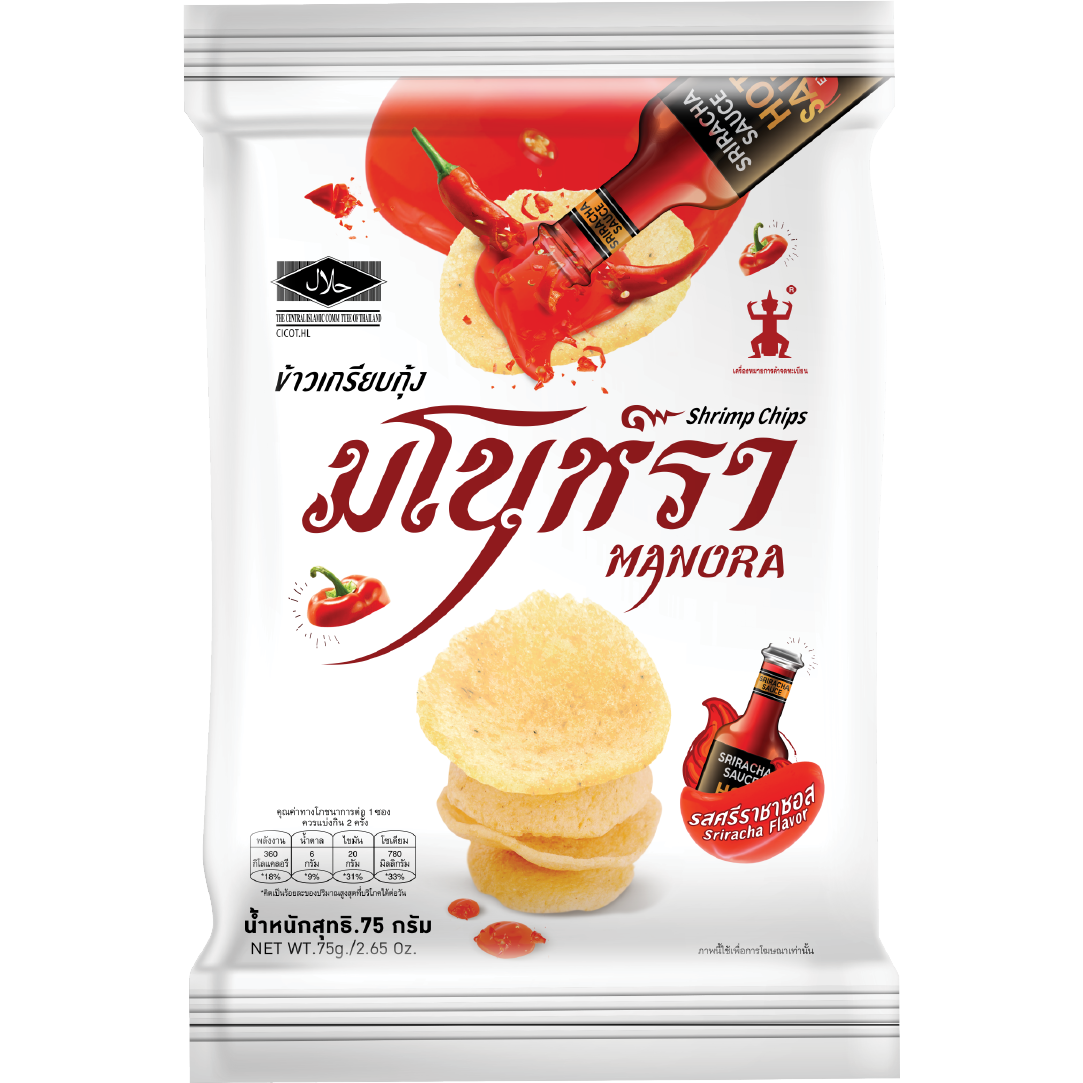 Manora Sriracha flavored confectionery snacks in bright packaging, showcasing spicy and savory snack treats.
