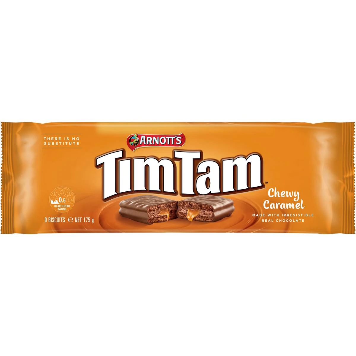 Arnott's Tim Tam Chewy Caramel confectionery snack with chocolate coating and caramel filling, close-up of the snack bar.