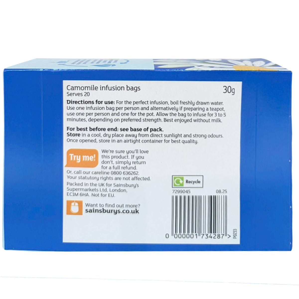 Sainsbury's Camomile Infusion Tea 20 bags, herbal tea drink in a box with tea bags visible inside.
