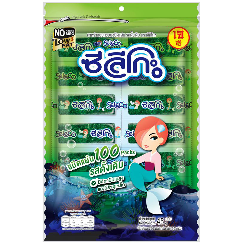 Seleco Crispy Seaweed Original snack, thin green seaweed sheets with crispy texture, close-up view of packaged confectionery snack.