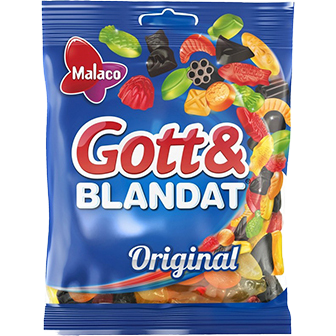Malaco Gott & Blandat Original confectionery snacks featuring colorful gummy candies in a variety of shapes and flavors.