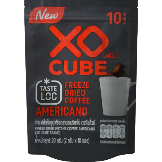 Xo Cube Freeze Dried Coffee Americano drink in a clear glass, showcasing the dark coffee liquid with ice cubes inside.