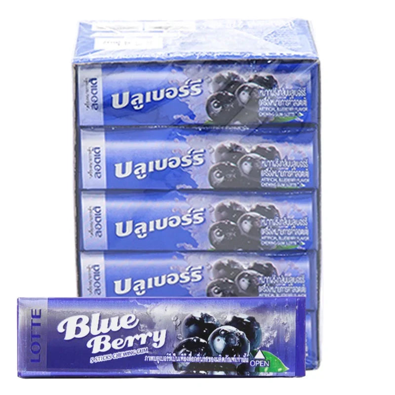 Lotte Blueberry Stick Gum 13.5g, pack of 20, showing blue and white packaging with gum sticks and blueberry flavor accents.