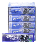 Lotte Blueberry Stick Gum 13.5g, pack of 20, showing blue and white packaging with gum sticks and blueberry flavor accents.