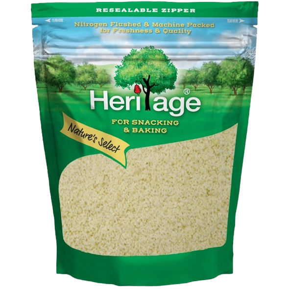 Heritage Almond Powder for confectionery snacks, showing a close-up of finely ground almond powder in a clear container.
