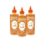J-LEK Sriracha Chili Sauce and Mayonnaise bottles, 480g, in a dry grocery setting with colorful labels and caps.