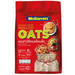 McGarrett Rolled Oats in a clear grocery package, showing the oats inside with a label displaying the brand and product name.
