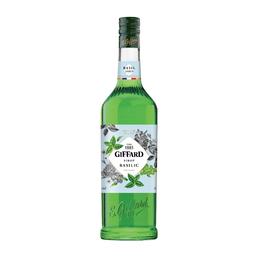 Giffard Mixology Basil 1L bottle for dry grocery, showcasing fresh basil flavor in a clear glass container.
