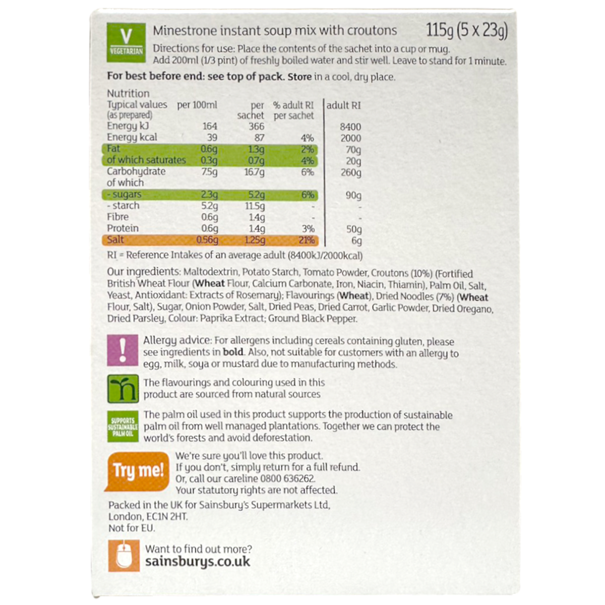 Sainsbury's minestrone soup in a cup with croutons, ready-to-eat grocery meal, served in a white cup with visible vegetables and croutons.