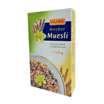 Hahne Bircher Muesli 375g box of dry grocery with oats, dried fruits, and nuts in natural packaging.