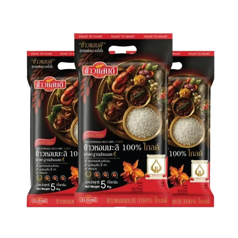 SANDEE Sandee Hommali Rice 100% Gold 5kg pack, dry grocery product, showcasing the rice grains in a clear container.