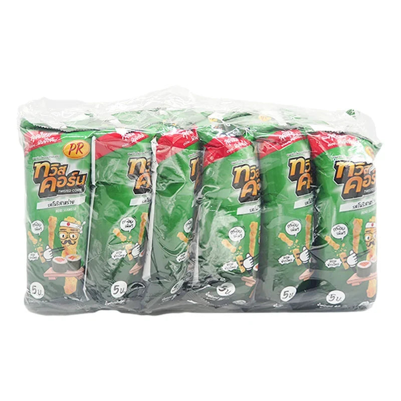PR Twist Corn Snack with Nori Seaweed flavor, 18g packs, crispy corn snack from PR brand in a colorful snack bag.