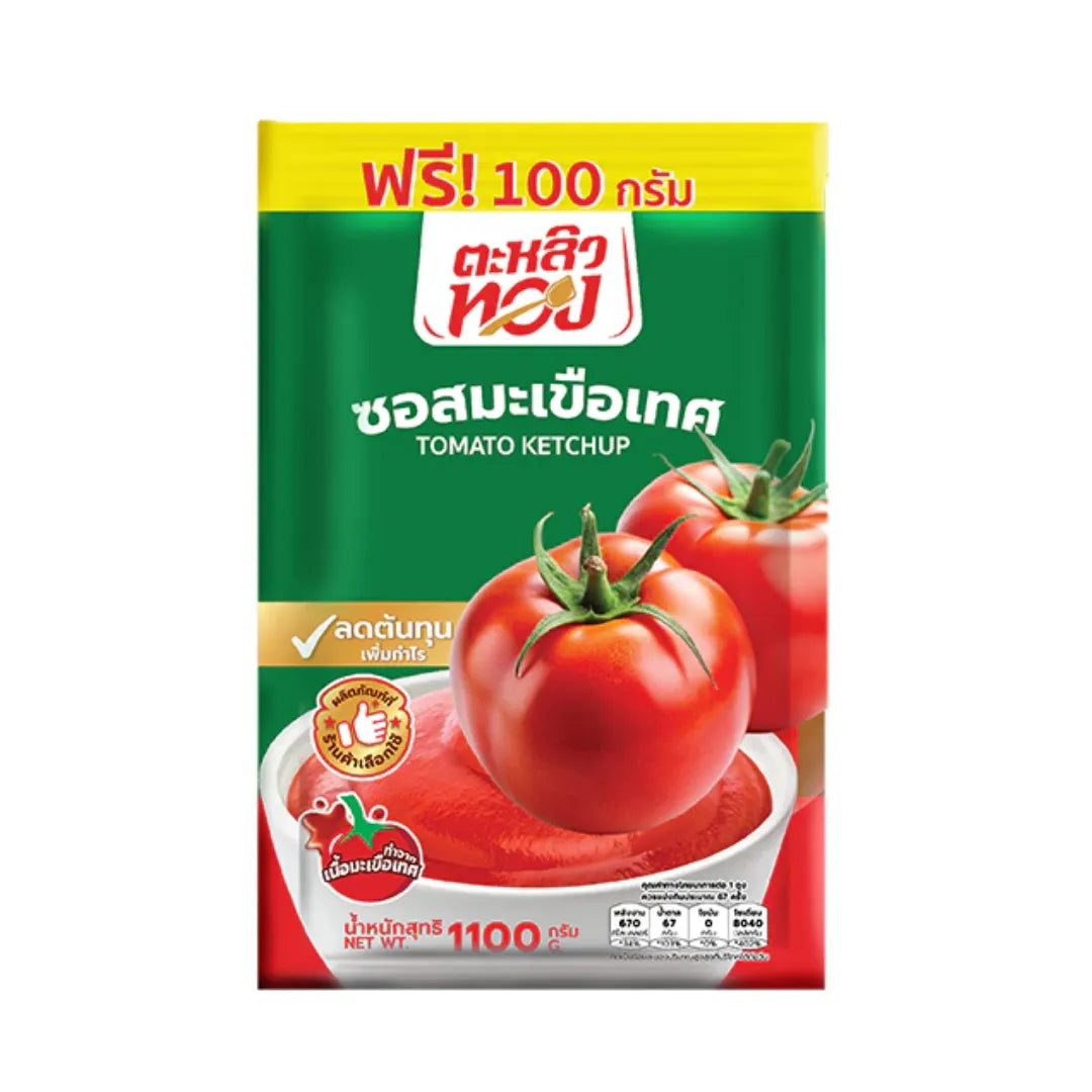 Taliothong Golden Spatula Tomato Sauce 100g in a clear packet, dry grocery product with a golden label and visible tomato sauce branding.