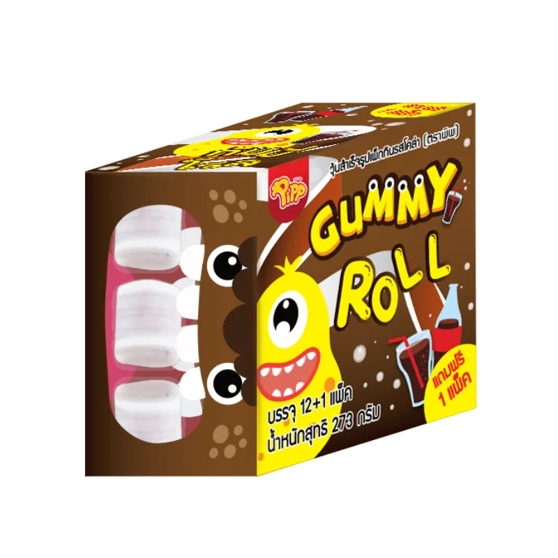 Pipp Gummy Roll Cola Flavor 21g snack pack, 12 pieces of chewy cola-flavored gummy candies in a colorful package.