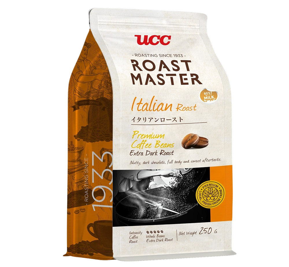 Ucc Italian Roasted Coffee drink in a glass, showcasing dark coffee with a frothy top and a coffee bean garnish.